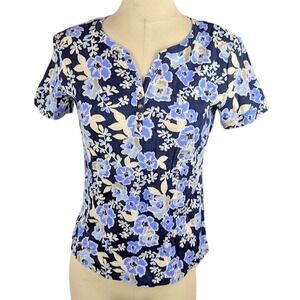 Karen Scott Petite Floral-print Henley T-shirt Intrepid Blue Size PS